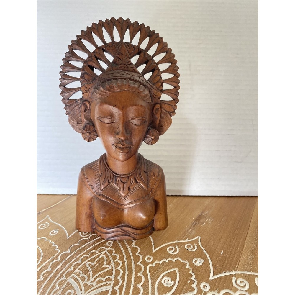 Mahogany Wood Bust Bali Goddess Woman Tribal Solid Spiritual Hand Carved 7”